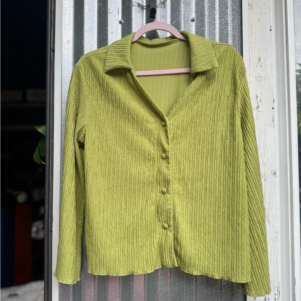 Green Button-Up Blouse, Vintage V Neck, Bell Sleeve, 70s Inspired